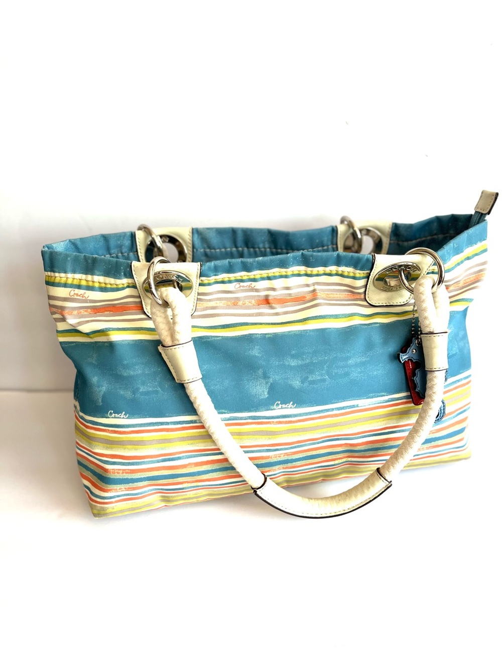 Coach Nautical Boat Trip Blue Striped Canvas Tote Bag Seahorse Keychain Orange